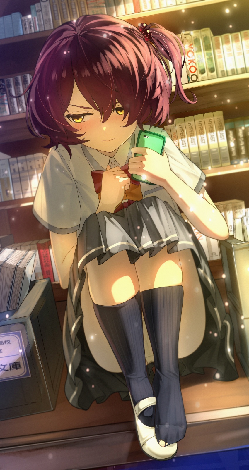 1girl absurdres black_socks bookstore cellphone geez highres holding holding_phone komari_chika looking_to_the_side make_heroine_ga_oo_sugiru! panties pantyshot phone red_hair school_uniform shoes shop short_hair sitting skirt smartphone socks tsuwabuki_high_school_uniform underwear white_panties white_shoes yellow_eyes