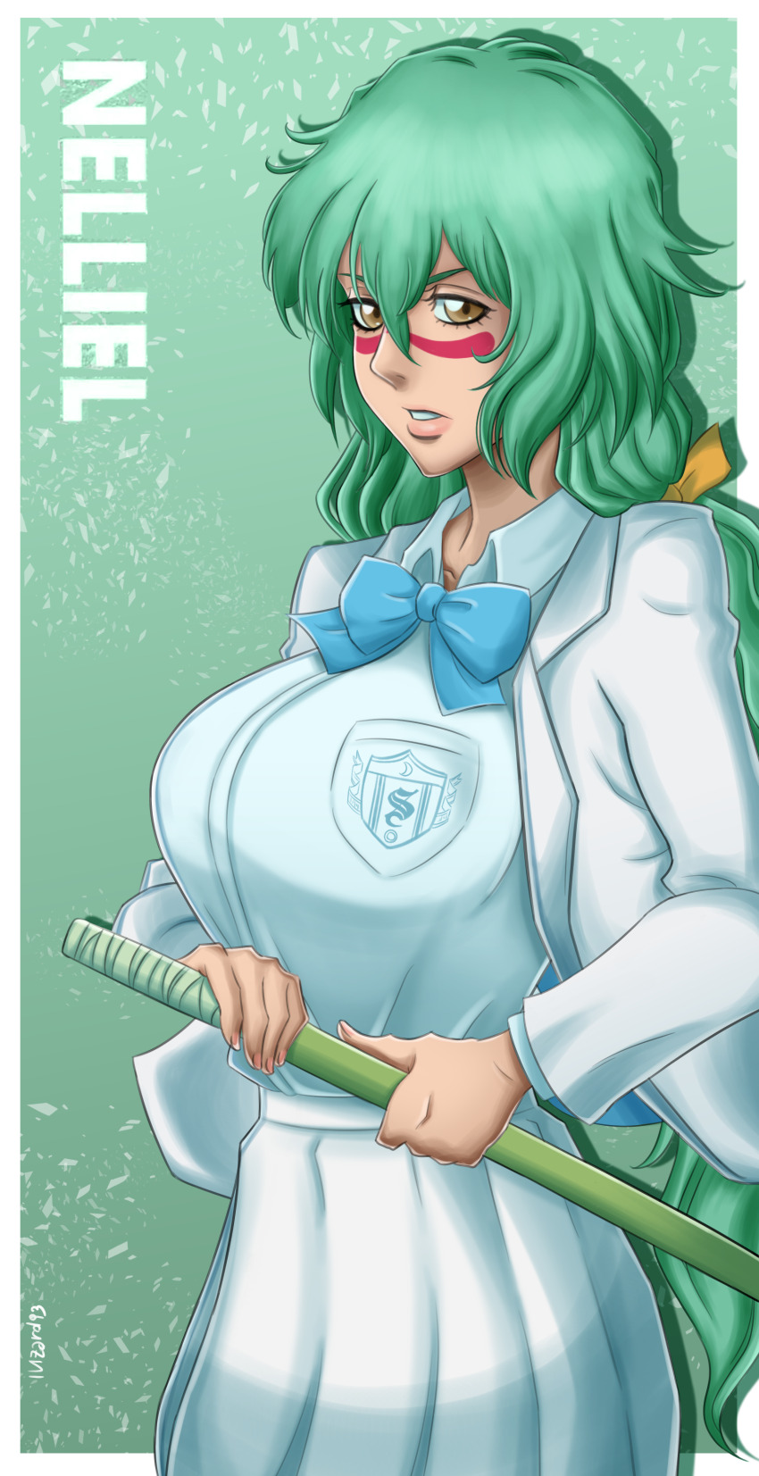 1girl absurdres arrancar artist_name bleach bleach:_sennen_kessen-hen border bow bowtie breasts collarbone english_text facial_mark female_focus green_hair hair_ornament highres ivizard_art93 large_breasts lips long_hair nelliel_tu_odelschwanck school_uniform simple_background skirt sword teeth weapon white_border wooden_sword yellow_eyes