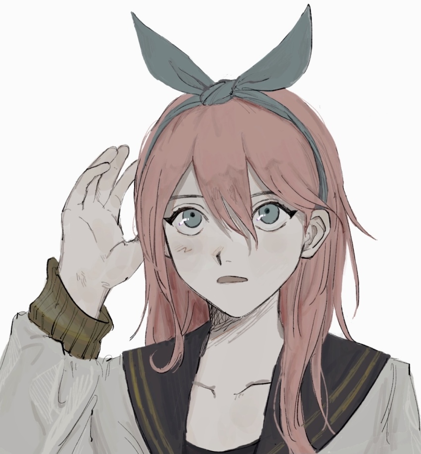 1girl aqua_eyes aqua_hairband aubrey_(faraway)_(omori) aubrey_(omori) black_sailor_collar black_shirt collarbone commentary_request double-parted_bangs hair_behind_ear hair_between_eyes hairband hand_up highres jacket long_hair long_sleeves looking_up omori open_clothes open_jacket open_mouth portrait puffy_long_sleeves puffy_sleeves sailor_collar sema_(vivaviva_02) shirt simple_background solo white_background white_jacket