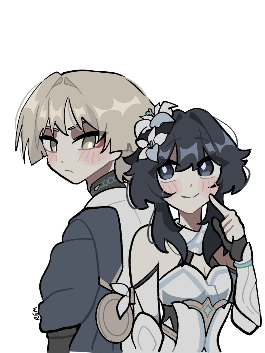 1boy 1girl adam&#039;s_apple arm_at_side arm_cutout artist_name back-to-back black_bodysuit black_corset black_gloves black_hair blonde_hair blue_cape blue_trim blunt_ends blush bodysuit breasts bright_pupils cape cleavage closed_mouth corset detached_sleeves eye_color_switch eyeliner eyeshadow finger_to_cheek flower genshin_impact gloves hair_color_switch hair_flower hair_intakes hair_ornament halterneck hand_up highres index_finger_raised japanese_clothes kimono looking_at_another looking_back lumine_(genshin_impact) makeup mandarin_collar partially_fingerless_gloves pointing pointing_at_self red_eyeliner red_eyeshadow remhotaru scaramouche_(genshin_impact) scarf short_hair short_hair_with_long_locks sidelocks small_breasts tsurime vambraces wanderer_(genshin_impact) white_background white_flower white_kimono white_pupils white_scarf white_sleeves wispy_bangs yellow_eyes yellow_pupils