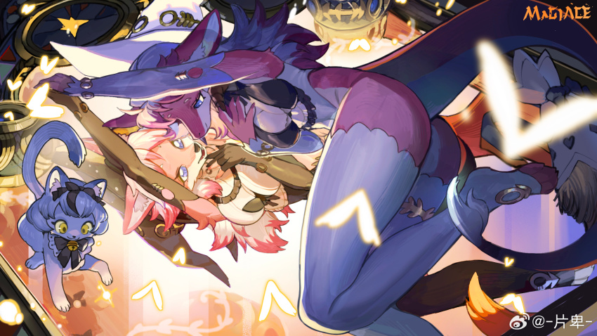 2girls :3 animal_ear_fluff animal_ears animal_feet animal_nose arm_up artist_name ass bell black_bow black_bowtie black_gloves black_ribbon blue_eyes body_fur bow bowtie breasts bug butterfly cat cleavage closed_mouth colored_tips detached_sleeves different_reflection elbow_gloves eye_contact fangs female_focus fox_ears fox_girl furry furry_female furry_with_furry gloves glowing_butterfly grey_hair hair_ribbon hand_on_own_chest hand_up happy highres insect interspecies jingle_bell knees_together_feet_apart legs leotard light_particles long_hair long_sleeves looking_at_another looking_down lying magiace medium_breasts mirror multicolored_hair multicolored_leotard multiple_girls neck_bell on_side open_mouth original partially_fingerless_gloves red_fur red_hair reflection ribbon short_hair signature smile snout thighhighs toeless_legwear two-tone_fur two-tone_hair two-tone_leotard watermark weibo_watermark white_fur white_hair white_sleeves white_thighhighs wide-eyed yellow_eyes yuri