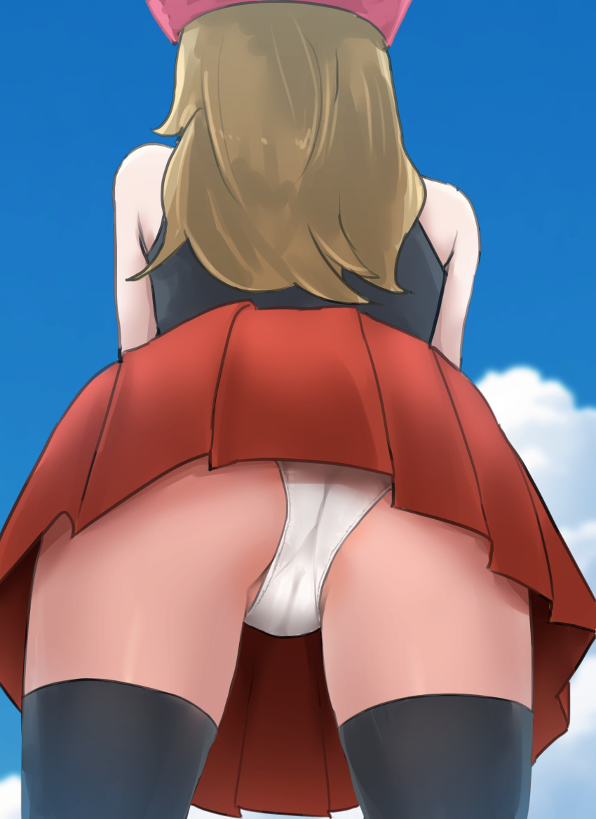 1girl absurdres ass black_shirt black_thighhighs blue_sky brown_hair cameltoe cloud commentary day female_focus from_below hat highres i_b_(yaun2242) long_hair multiple_views nintendo outdoors panties pantyshot pink_hat pleated_skirt pokemon pokemon_xy red_skirt serena_(pokemon) shirt skirt sky sleeveless sleeveless_shirt solo standing thighhighs underwear upskirt white_panties