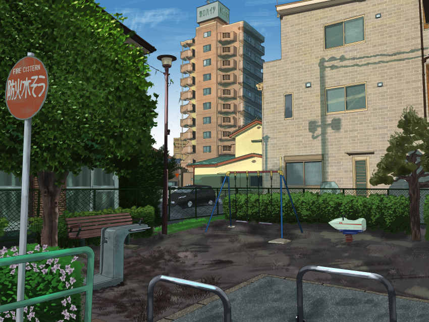 absurdres blue_sky building highres house leaf park sky tree