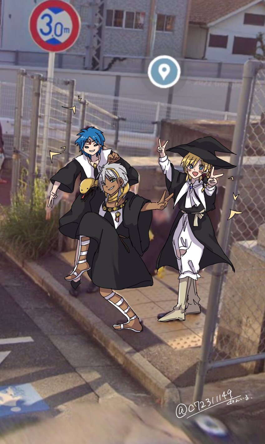 3boys aladdin_(magi) aniru black_robe blonde_hair blue_eyes blue_hair blush boots chain-link_fence double_v earrings fence forehead_jewel gladiator_sandals google_maps google_street_view green_eyes grey_hair grin high_school_girls_posing_for_google_street_view_(meme) highres jewelry looking_at_viewer magi_the_labyrinth_of_magic male_focus meme multiple_boys pants photo_background raised_curb road_sign robe rukh_(magi) sandals sidewalk sign smile snake sphintus_carmen standing standing_on_one_leg titus_alexius uniform v white_pants