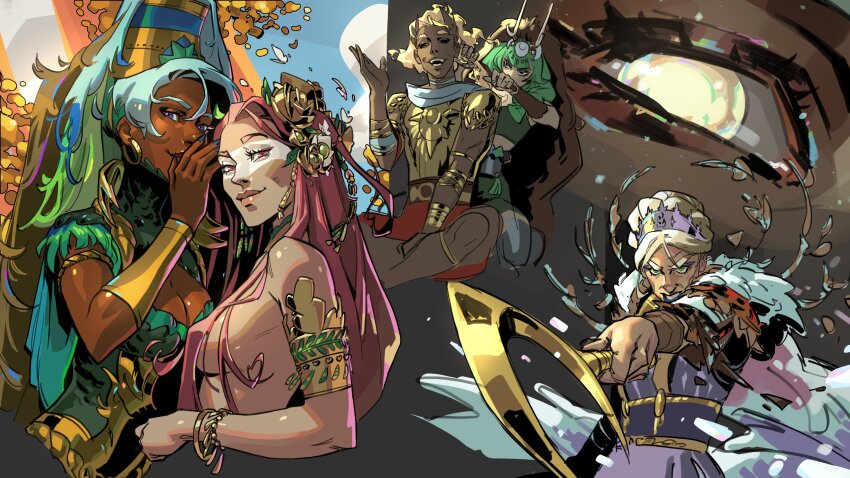 1boy absurdly_long_hair absurdres ancient_greek_clothes aphrodite_(hades) armlet artemis_(hades) blonde_hair convenient_censoring demeter_(hades) facepaint greco-roman_clothes hades_(series) hades_1 hades_2 hair_censor heart heart-shaped_hair highres jeremy_anninos jewelry laurel_crown long_hair nude pink_eyebrows pink_eyes smile split_bangs thick_bangs very_long_hair