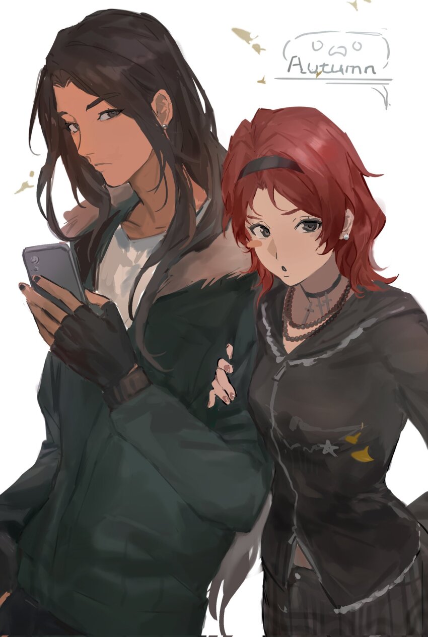 2girls bead_necklace beads black_gloves black_skirt brown_eyes brown_hair coat cross_pendant english_text fingerless_gloves fur_collar gloves grabbing_another&#039;s_arm green_coat grey_eyes hair_over_shoulder hand_in_pocket hand_on_another&#039;s_arm hand_on_own_hip headband highres holding holding_phone jewelry light_frown long_hair looking_at_viewer main_character_(our_life) multiple_girls necklace our_life:_now_and_forever phone qiu_lin_(our_life) red_hair shirt skirt upper_body white_background white_shirt winter_clothes winter_coat xrsjbz