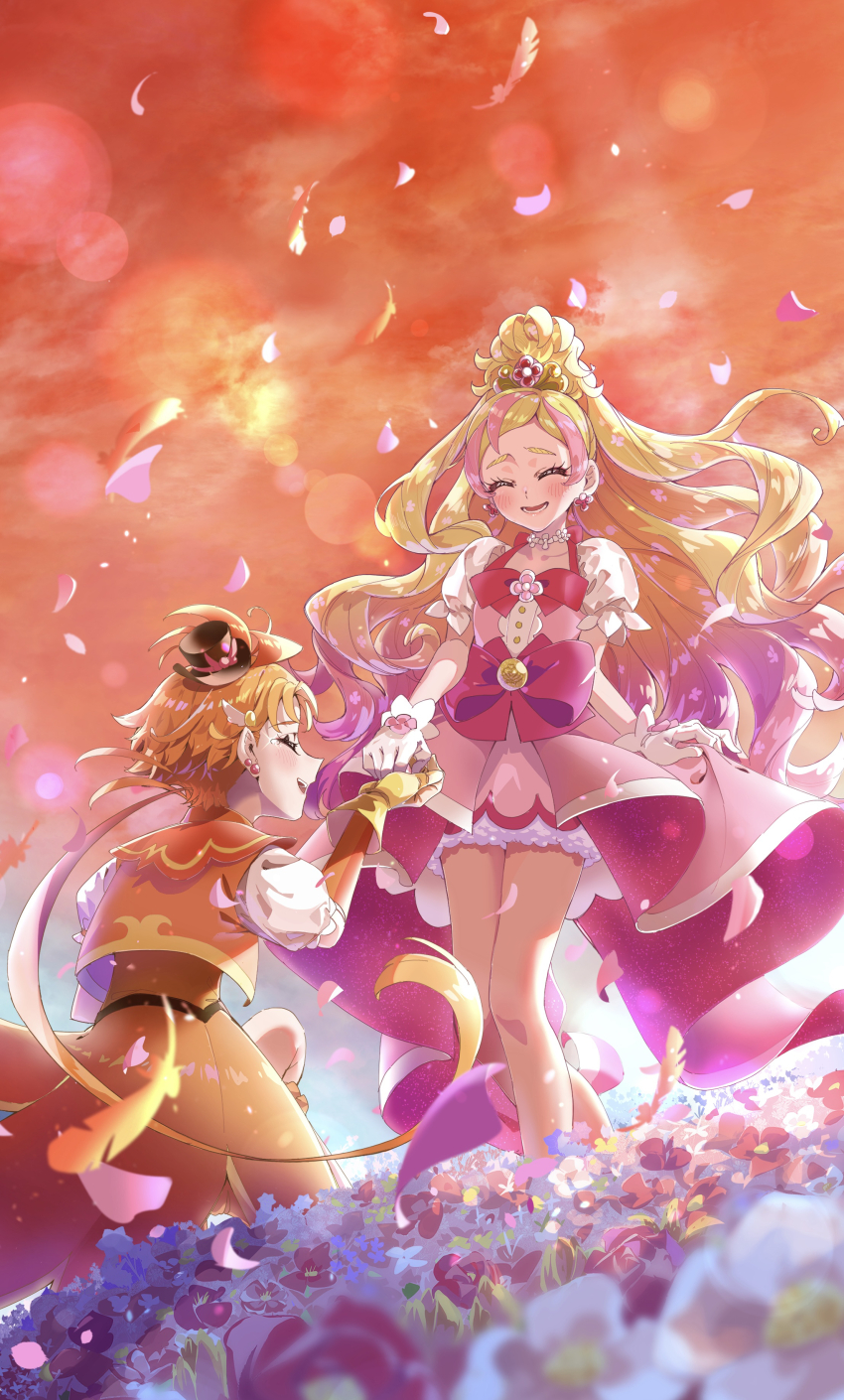 1boy 1girl absurdres blonde_hair bow brooch closed_eyes cure_flora cure_wing dress earrings flower flower_earrings flower_necklace gloves go!_princess_precure hair_flower hair_ornament hat highres hirogaru_sky!_precure jewelry long_hair looking_at_another magical_boy magical_girl mini_hat mini_top_hat multicolored_hair necklace open_mouth orange_gloves orange_hair orange_sailor_collar orange_shorts petals pink_arm_warmers pink_bow pink_hair pink_skirt precure puffy_short_sleeves puffy_sleeves rose sailor_collar short_hair short_sleeves shorts skirt smile star_(symbol) star_earrings streaked_hair sunset top_hat tsukuda_hayato two-tone_hair very_long_hair waist_bow waist_brooch white_gloves wing_brooch wing_hair_ornament