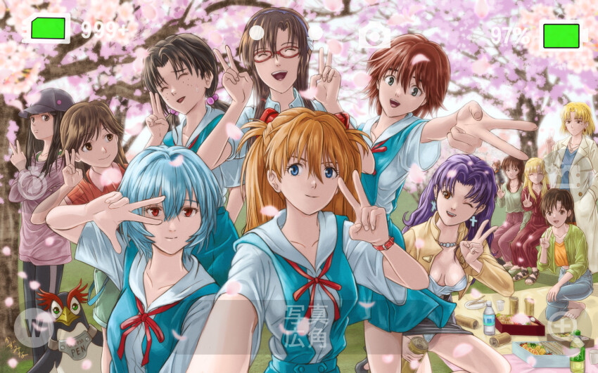 6+girls akagi_ritsuko alcohol alternate_universe arm_up ayanami_rei barefoot battery_indicator beer beer_can bento bird black_hair black_skirt blonde_hair blue_eyes blue_hair blue_shirt blue_skirt bottle breasts brown_eyes brown_hair can cherry_blossoms chopsticks cleavage closed_eyes closed_mouth coat collar collarbone collared_shirt commentary cross cross-laced_footwear cross-laced_sandals crossed_arms dark-skinned_female dark_skin denim double-parted_bangs double_v dress drink_can drunk earrings embarrassed evangelion:_3.0+1.0_thrice_upon_a_time evangelion:_3.0_you_can_(not)_redo fake_phone_screenshot fake_screenshot falling_petals food freckles glasses grass green_eyes green_footwear green_jacket green_shirt hair_between_eyes hair_bobbles hair_ornament hairband hanami hand_in_pocket hand_up hands_up happy harness hat highres holding holding_can horaki_hikari ibuki_maya ikari_yui in-franchise_crossover interface_headset_(evangelion) jacket jeans jewelry katsuragi_misato kazumina kirishima_mana kitakami_midori light_smile long_dress long_hair long_skirt long_sleeves looking_at_another looking_at_viewer lunchbox makinami_mari_illustrious medium_breasts midriff_peek mole mole_under_eye mother_and_daughter multiple_girls nagara_sumire name_tag neck_ribbon necklace neon_genesis_evangelion neon_genesis_evangelion:_iron_maiden on_one_knee one_eye_closed open_mouth orange_hair panties pants pantyshot parted_bangs pearl_necklace penguin penpen petals picnic picnic_blanket pink_shirt plate purple_hair rebuild_of_evangelion red-framed_eyewear red_eyes red_hair red_ribbon red_shirt red_skirt ribbon sandals school_uniform selfie shirt shoes short_hair short_sleeves sitting skirt smile souryuu_asuka_langley souryuu_kyouko_zeppelin spring_(season) standing suspender_skirt suspenders suzuhara_sakura sweatdrop taking_picture teeth tokyo-3_middle_school_uniform tree trench_coat twintails two_side_up underwear upper_teeth_only v v_over_eye very_short_hair watch water_bottle white_coat white_panties white_shirt wristwatch yellow_jacket yellow_shirt