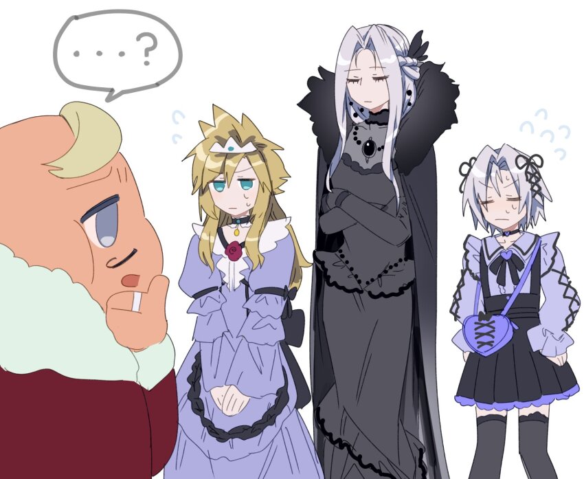 ...? 4boys black_dress blue_eyes bow closed_eyes cloud_strife cloud_strife_(ball_gown) collar crossdressing crossed_arms don_corneo dress earrings final_fantasy final_fantasy_vii final_fantasy_vii_remake frilled_dress frills hair_bow heart highres implied_yaoi jewelry jirai_kei keiseki1 long_hair multiple_boys official_alternate_costume sephiroth sephiroth_(ever_crisis) sketch speech_bubble spiked_hair standing sweatdrop thighhighs tiara time_paradox