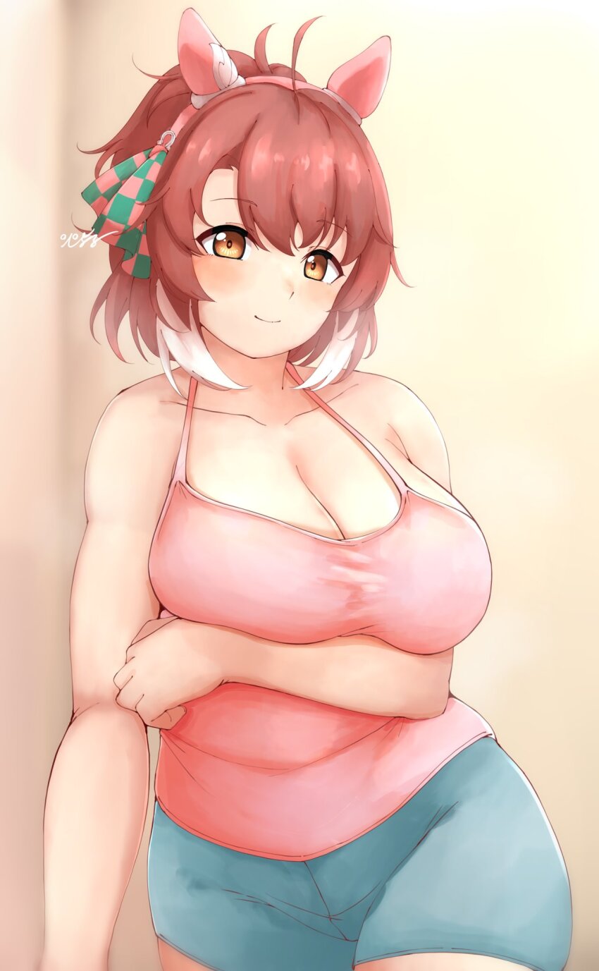 1girl animal_ears arm_under_breasts blue_shorts blush breast_lift breasts brown_eyes brown_hair camisole cleavage dantsu_flame_(umamusume) ear_covers hair_ribbon hairband hiyoko_18-gou horse_ears horse_girl huge_breasts level5ked multicolored_hair pink_camisole pink_hairband plaid_ribbon ponytail ribbon short_hair short_shorts shorts smile solo umamusume white_hair