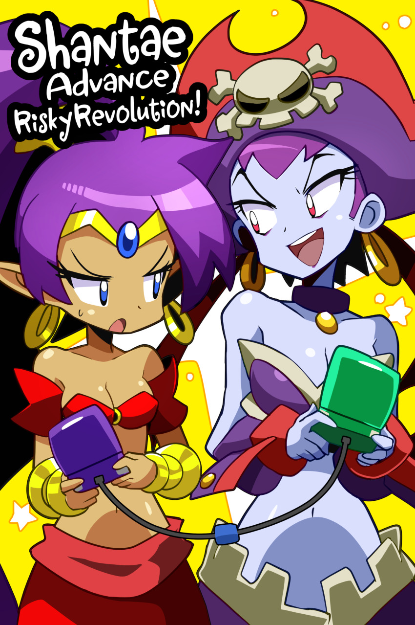 2girls bare_shoulders blue_eyes cable colored_skin earrings game_boy_advance_sp game_link_cable handheld_game_console hat highres jewelry multiple_girls navel open_mouth pirate pirate_hat purple_hair red_eyes risky_boots sakurajyousui_nami shantae shantae_(series) teeth tiara tongue upper_body
