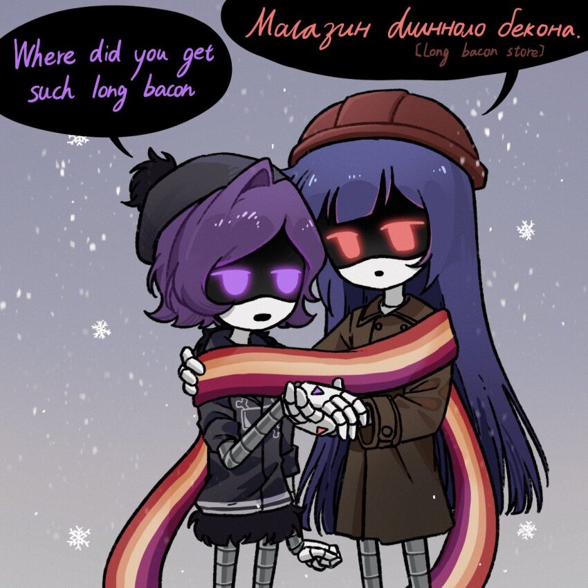 aida_(aidacamelia0516) android black_hat black_jacket brown_coat buttons coat cowboy_shot doll_(murder_drones) flag_print hands_up hat highres holding_hands jacket lesbian_flag lesbian_flag_print long_bacon_store_(meme) long_hair long_sleeves meme murder_drones neon_lights open_mouth purple_hair red_eyes red_hat revision scarf short_hair snow snowing striped_clothes striped_scarf uzi_(murder_drones) very_long_hair