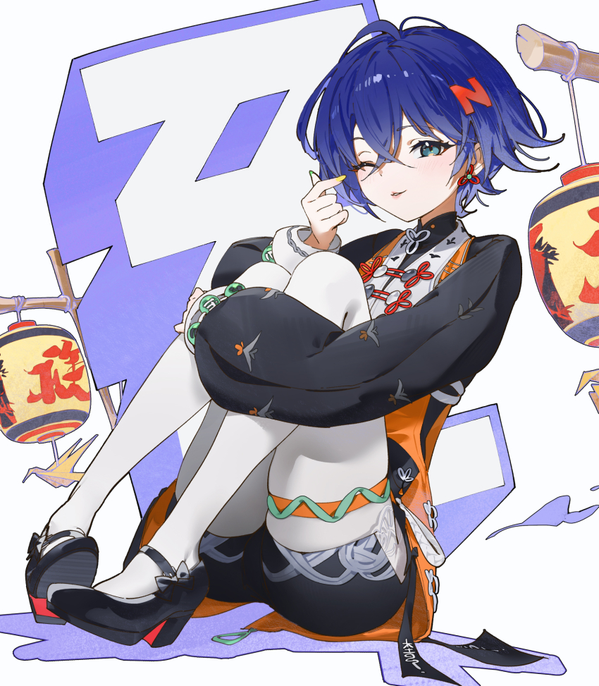 1girl belle_(delicate_sunlight)_(zenless_zone_zero) belle_(zenless_zone_zero) black_shirt black_shoes black_shorts blue_hair copyright_logo dress finger_heart green_eyes hair_ornament high_heels highres hugging_own_legs juffles knees_to_chest lantern letter_hair_ornament looking_at_viewer official_alternate_costume one_eye_closed orange_dress pantyhose parted_lips shirt shoes short_hair shorts sitting solo white_background white_pantyhose zenless_zone_zero