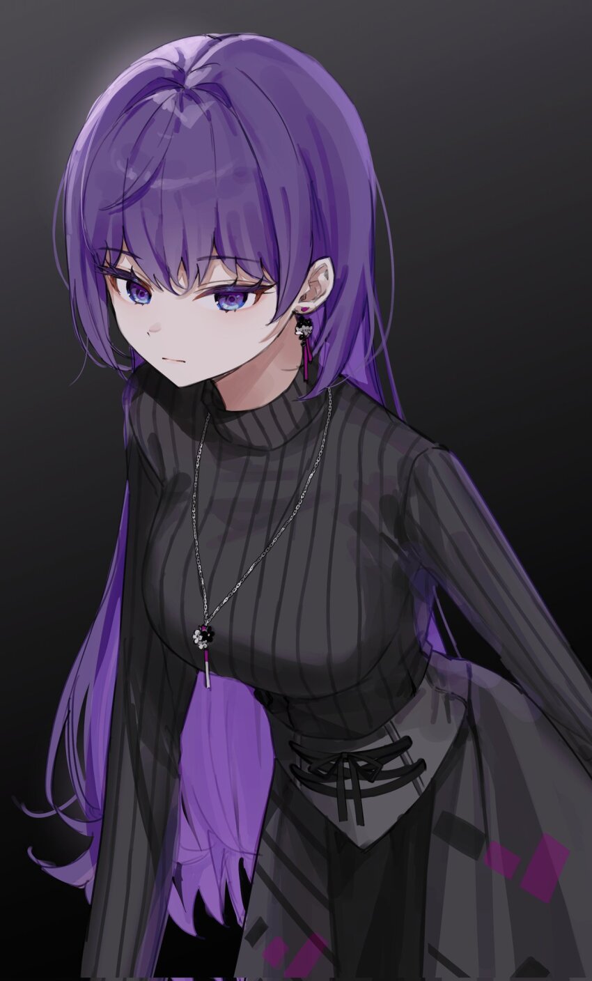 1girl asahina_mafuyu black_skirt black_sweater breasts closed_mouth cowboy_shot dark_background earrings gradient_background hashtag-only_commentary highres jewelry kong_(namulkong) large_breasts leaning_forward long_hair long_sleeves necklace project_sekai purple_eyes purple_hair ribbed_sweater skirt solo sweater