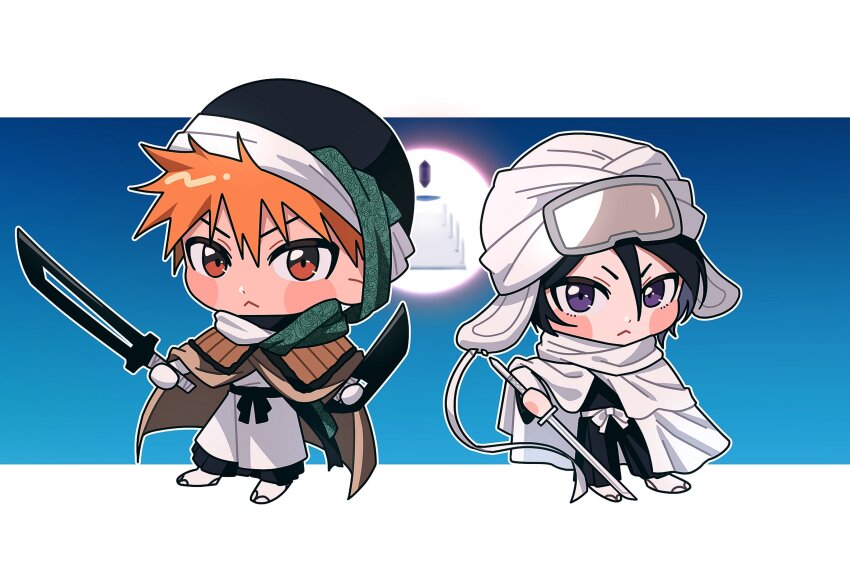 1boy 1girl :&lt; black_hair black_kimono bleach bleach:_sennen_kessen-hen blush_stickers brown_eyes chibi chibi_only cloak closed_mouth commentary_request double-parted_bangs dual_wielding fighting_stance gwao_(_ul_13) hair_between_eyes highres holding holding_sword holding_weapon japanese_clothes katana kimono korean_commentary kuchiki_rukia kurosaki_ichigo looking_at_viewer official_alternate_costume orange_hair purple_eyes short_hair side-by-side sode_no_shirayuki_(shikai) standing sword tabi true_zangetsu_(shikai) v-shaped_eyebrows weapon white_cloak