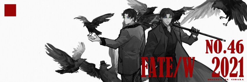 2boys :| animal animal_on_shoulder bird bird_on_hand bird_on_shoulder black_coat black_gloves black_hair black_shirt cane closed_mouth coat collared_shirt crow expressionless gloves green_eyes greyscale highres holding holding_cane looking_at_viewer male_focus monochrome multiple_boys original outstretched_hand over_shoulder shirt short_hair too_many too_many_birds upper_body weapon weapon_over_shoulder white_background wuruko