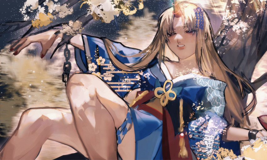 1girl absurdres blonde_hair blue_kimono breasts heinrich_(fernanderuddle) highres horns hoshiguma_yuugi hoshiguma_yuugi_(kimono) japanese_clothes jewelry kimono large_breasts long_hair looking_at_viewer off_shoulder single_horn sitting thighlet touhou very_long_hair