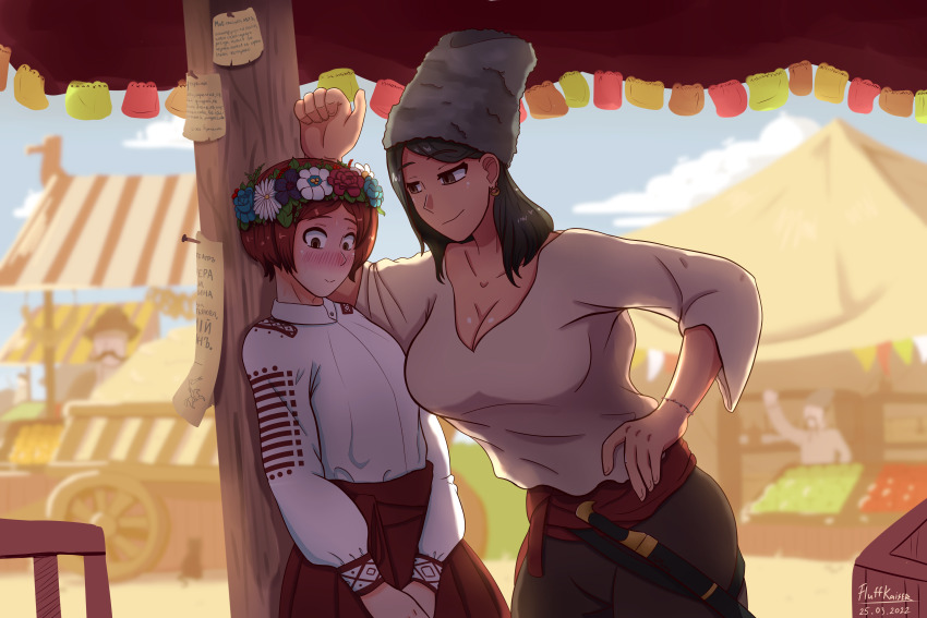 1boy 1girl absurdres black_hair blue_sky blurry blurry_background blush bob_cut bracelet breasts brown_eyes brown_hair bunting cartwheel cloud cloudy_sky collarbone cossack cyrillic dark-skinned_female dark_skin dated day earrings embroidery fluffkaiser fur_hat garland_(decoration) gold_earrings hand_on_own_hip hand_on_wall hat hetero high-waist_skirt highres holding_own_hand hoop_earrings jewelry kabedon large_breasts leaning_forward letter long_sleeves looking_at_another looking_down market market_stall medium_hair original outdoors own_hands_clasped own_hands_together papakha puffy_sleeves red_sash red_skirt russia russian_clothes saber_(weapon) sash shashka shirt short_hair signature skirt sky slavic_clothes smile sword tall_female tan teasing tent tomboy traditional_dress translation_request trap weapon white_shirt