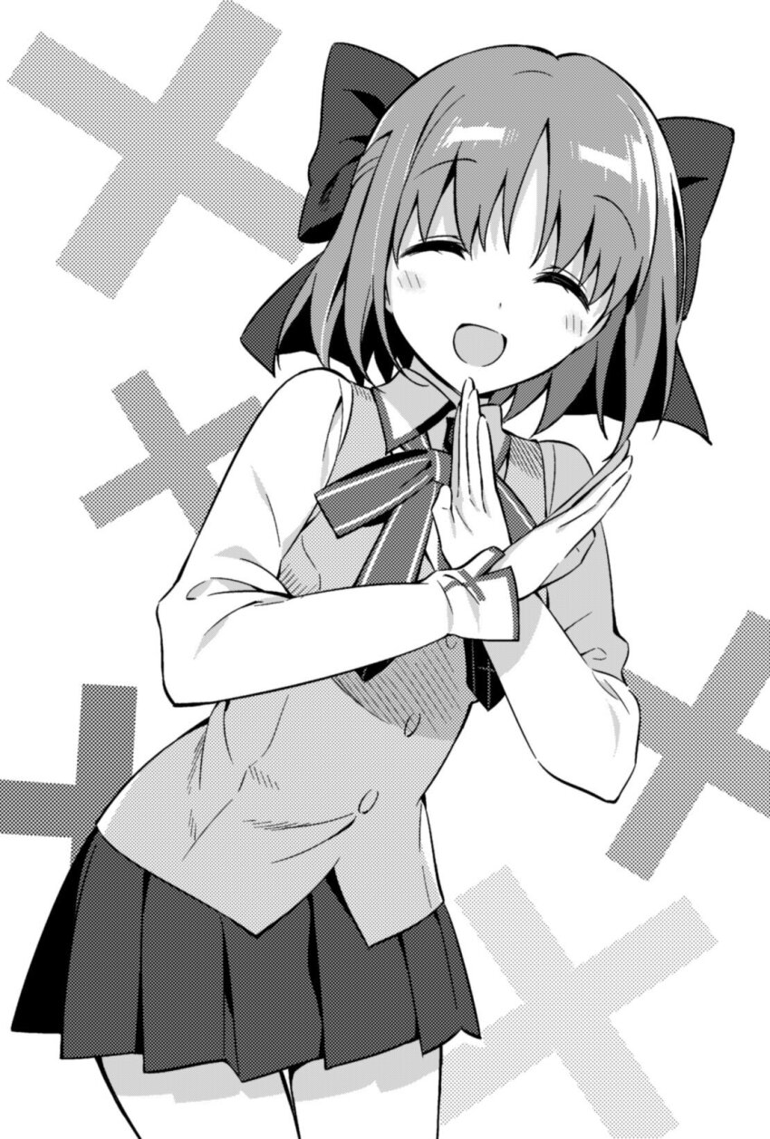 1girl alternate_costume blush bow bowtie closed_eyes cowboy_shot facing_viewer hair_bow hanabana_tsubomi highres kohaku_(tsukihime) long_sleeves open_mouth pleated_skirt school_uniform short_hair simple_background skirt smile solo tsukihime vest x x_arms
