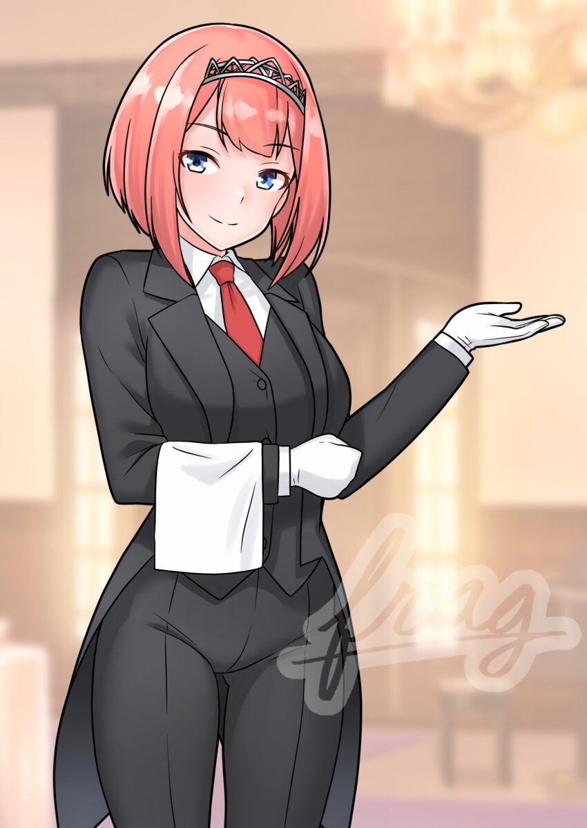 1girl ark_royal_(kancolle) black_pants black_suit black_veil blue_eyes bob_cut butler commentary_request female_butler formal_clothes furaggu_(frag_0416) gloves highres inverted_bob kantai_collection necktie pants red_hair red_necktie shirt short_hair smile solo suit tailcoat tiara towel_on_arm veil white_gloves white_shirt
