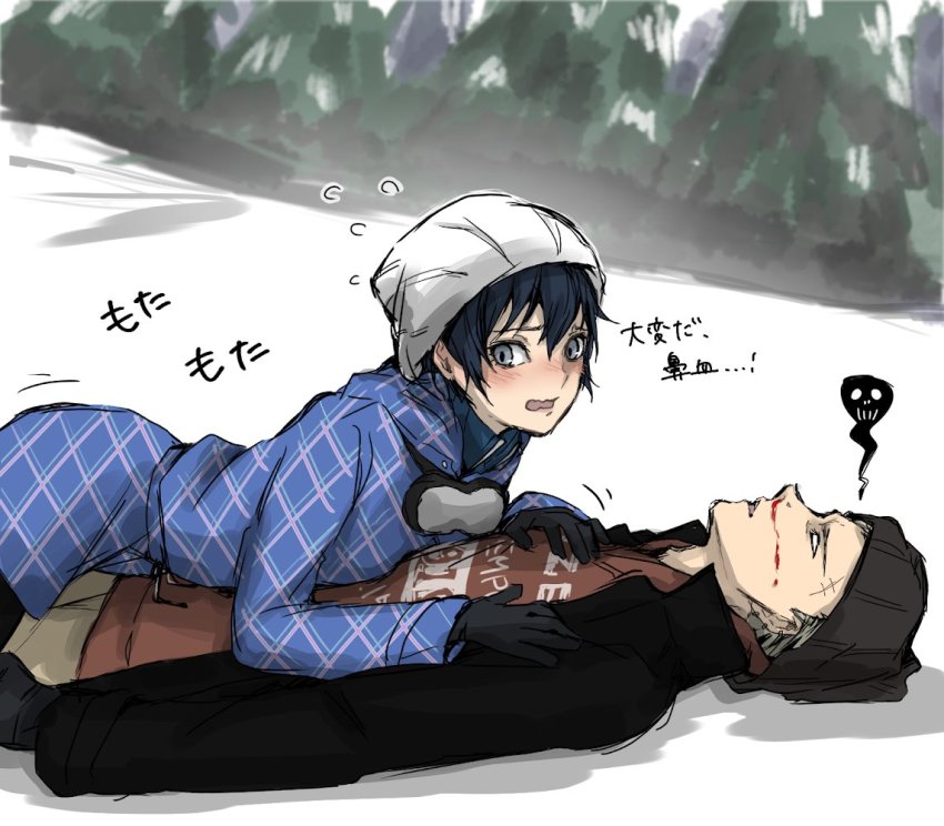 beanie black_gloves black_jacket blonde_hair blood blue_jacket blush embarrassed fainted gloves goggles grey_eyes hat jacket jacket_on_shoulders kedama_p4 knockout nosebleed overstimulation persona persona_4 persona_4_the_golden piercing plaid_clothes red_shirt scar shirogane_naoto shirt tan_pants tatsumi_kanji