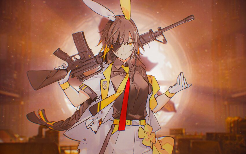 1girl animal_ears assault_rifle belt blunt_bangs braid brown_eyes brown_hair brown_shirt closed_mouth girls&#039;_frontline gloves gun highres holding holding_weapon long_hair m16 m16a1 m16a1_(girls&#039;_frontline) m16a1_(the_one-eyed_rabbit_knight)_(girls&#039;_frontline) mole mole_under_eye multicolored_hair necktie official_alternate_costume official_art over_shoulder rifle scar scar_across_eye scar_on_face shirt short_sleeves shorts smile solo third-party_edit third-party_source upper_body vest weapon weapon_over_shoulder white_gloves white_shorts white_vest yellow_belt yellow_necktie