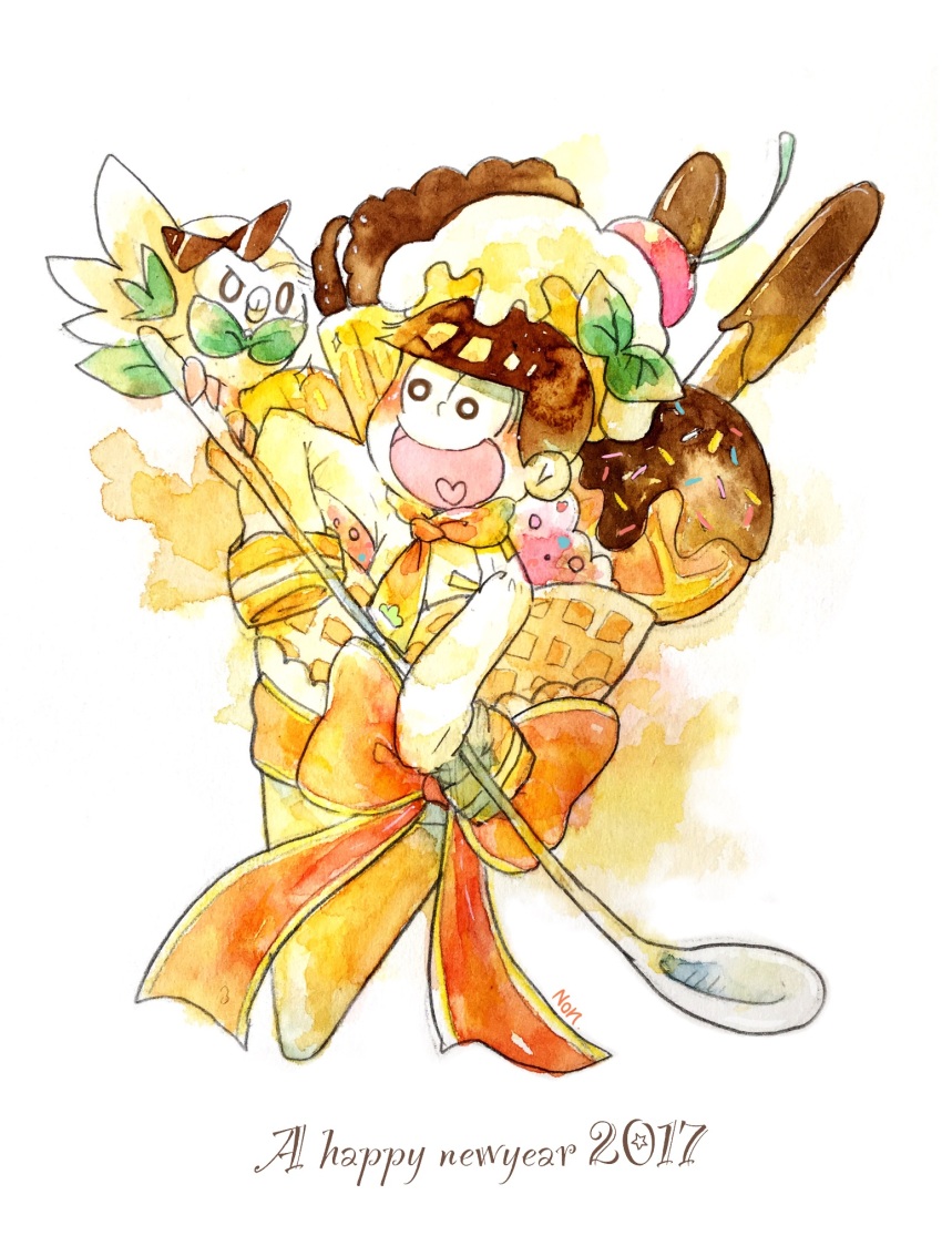 1boy bright_pupils food full_body gen_7_pokemon happy_new_year heart heart_in_mouth highres ice_cream ice_cream_cone matsuno_jyushimatsu new_year nintendo non_(kumakawayusu) open_mouth osomatsu-san osomatsu_(series) painting_(medium) pocky pokemon pokemon_(creature) rowlet short_hair simple_background sleeves_past_fingers sleeves_past_wrists solo spoon sprinkles sunglasses traditional_media waffle_cone watercolor_(medium) white_background white_pupils