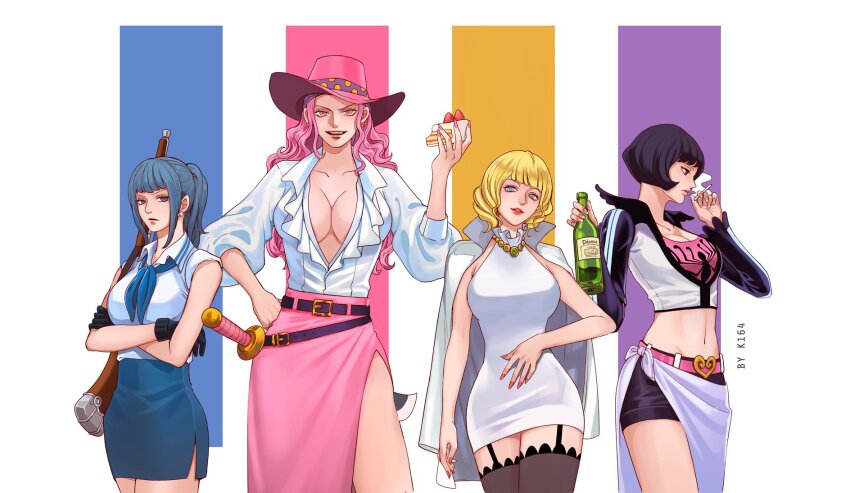 4girls aged_down arm_at_side artist_name bare_arms belt black_eyes black_hair blonde_hair blowing_smoke blue_eyes blue_hair blue_skirt bottle breasts buckingham_stussy cake cake_slice charlotte_linlin cigarette cleavage closed_mouth collarbone collared_shirt cowboy_shot cropped_jacket crossed_arms dress earrings expressionless food garter_straps gloves gun hand_on_own_hip hand_up hands_up hat height_difference high_ponytail highres holding holding_bottle holding_cake holding_cigarette holding_food jacket jacket_on_shoulders jewelry k164 large_breasts light_smile lips long_hair long_sleeves looking_at_viewer mature_female medium_hair midriff miniskirt multiple_girls nail_polish navel neckerchief necklace one_piece parted_lips pencil_skirt pink_eyes pink_hair pink_nails pink_skirt plunging_neckline ponytail red_nails sarong shakuyaku_(one_piece) shirt short_dress short_hair shorts side_slit skirt sleeveless sleeveless_dress smile smoke smoking stomach sword tall_female thighhighs tsuru_(one_piece) weapon white_dress white_jacket white_shirt wing_collar zettai_ryouiki