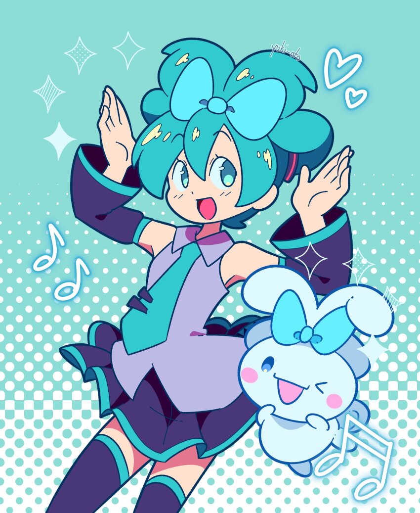 1boy 1girl :d aqua_background aqua_bow aqua_eyes aqua_hair aqua_necktie beamed_sixteenth_notes ben-day_dots black_skirt black_sleeves blush bow bow-shaped_hair cinnamoroll detached_sleeves dog eighth_note fuwa_fuwa_cinnamoroll grey_shirt hair_bow hatsune_miku heart highres long_hair musical_note necktie one_eye_closed open_mouth sanrio screentones shirt skirt sleeveless sleeveless_shirt smile sparkle vocaloid white_dog yuki_oto