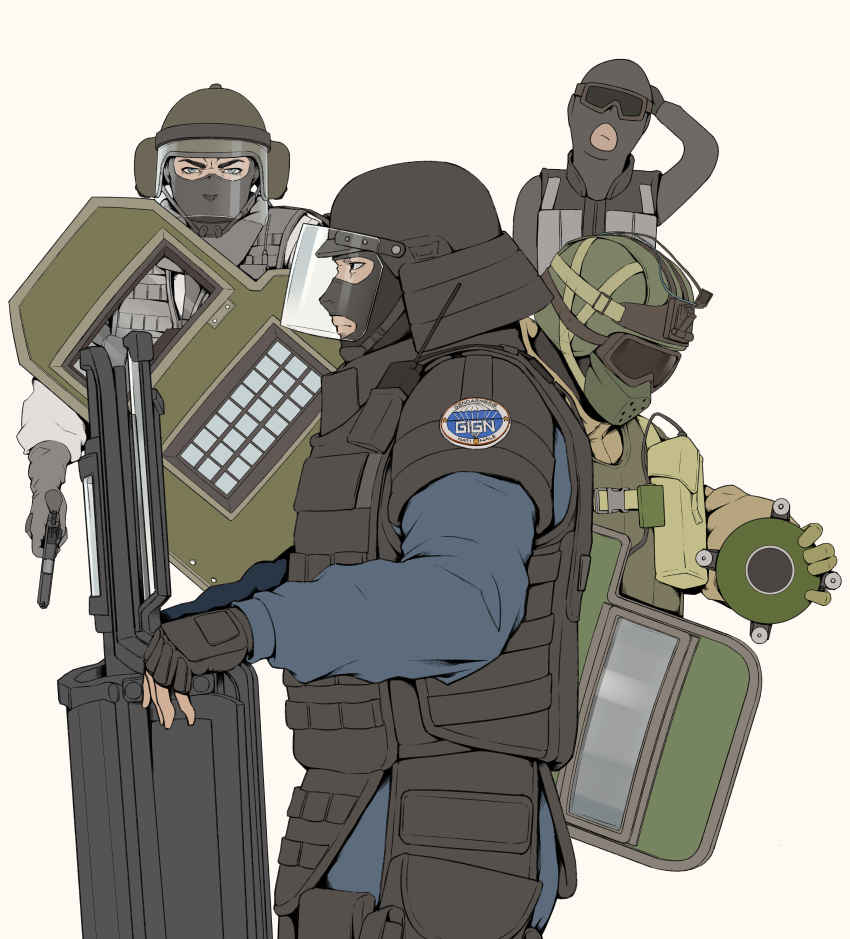 4boys absurdres balaclava ballistic_face_shield ballistic_shield blitz_(rainbow_six_siege) blue_eyes bulletproof_vest covered_mouth fuze_(rainbow_six_siege) goggles gun handgun headphones helmet highres holding holding_gun holding_weapon mask military military_combat_uniform military_uniform montagne_(rainbow_six_siege) mouth_mask multiple_boys pistol rainbow_six_siege recruit_(rainbow_six_siege) shield weapon white_background winterisland