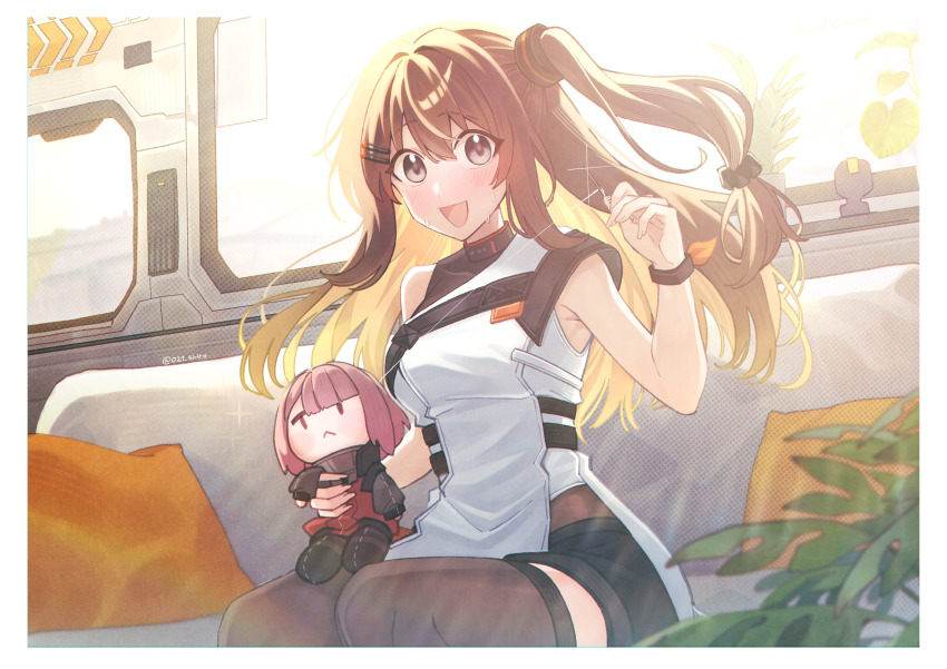 021_shiro 1girl :d absurdres armpit_crease black_shorts black_thighhighs breasts brown_hair character_doll commentary_request couch day doll elmo_dormitory_outfit female_commander_(girls&#039;_frontline) girls&#039;_frontline girls&#039;_frontline_2:_exilium hair_ornament hairclip highres indoors k2_(girls&#039;_frontline) looking_at_viewer on_couch open_mouth pillow plant sewing shorts sitting sleeveless smile solo sunlight sweat thighhighs window yoohee_(girls&#039;_frontline_2)