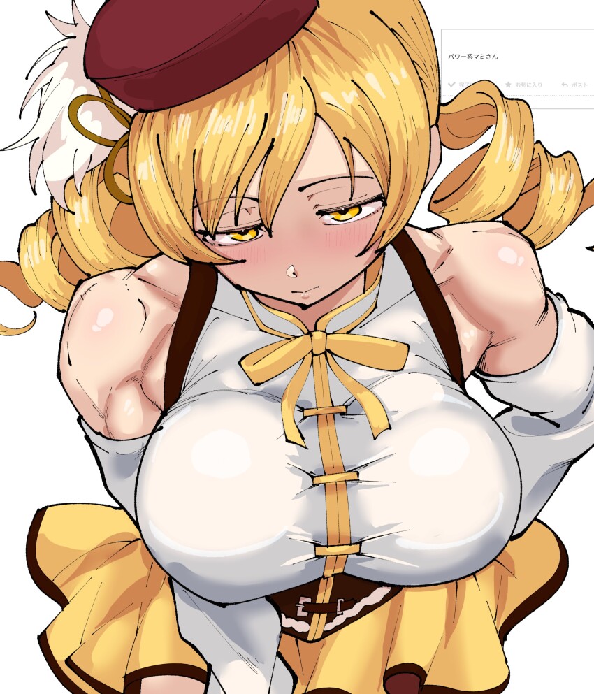 1girl absurdres alternate_muscle_size blonde_hair breasts drill_hair half-closed_eyes highres hokokara large_breasts long_hair magical_girl mahou_shoujo_madoka_magica muscular muscular_female simple_background solo tomoe_mami tomoe_mami_(magical_girl) twin_drills twintails yellow_eyes