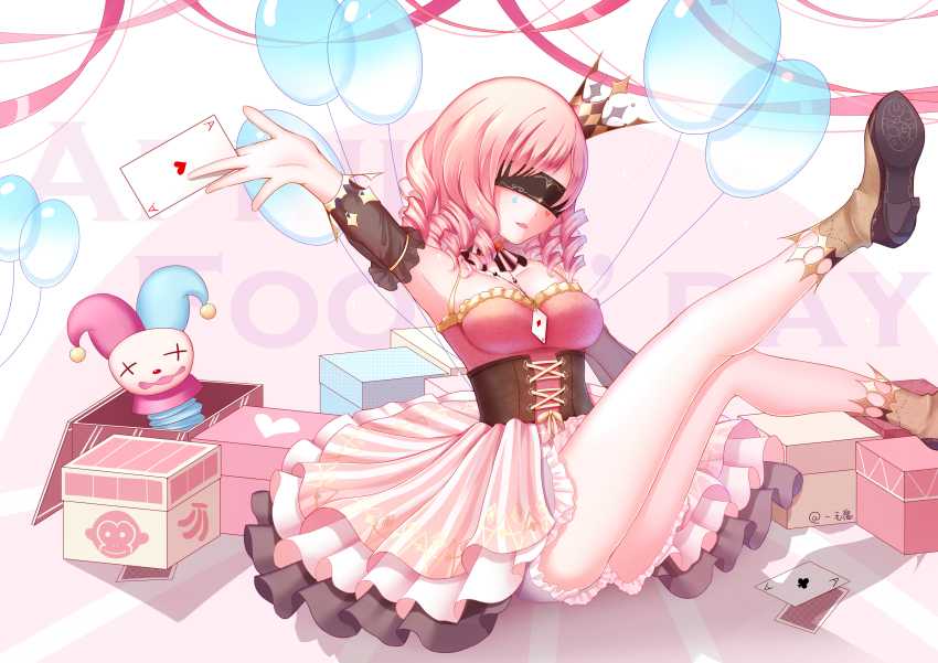 1girl 1maokitty absurdres ace_(playing_card) ace_of_clubs ace_of_hearts april_fools argyle_crown armpits balloon bare_legs bare_shoulders between_breasts between_fingers black_arm_warmers black_collar black_corset black_crown blindfold bloomers boots bow breasts brown_boots card card_between_breasts card_between_fingers chinese_commentary circle_skirt club_(shape) collar commentary commentary_request corset crown detached_collar dot_nose drill_hair english_commentary expressionless facial_tattoo foot_out_of_frame frilled_arm_warmers frilled_shirt frilled_skirt frills gift gold_crown heart heart_tattoo high_heel_boots high_heels highres holding jack-in-the-box large_breasts legs_up long_hair mini_crown miniskirt miss_sorrow_(nikkiup2u2) mixed-language_commentary nikki_(series) nikki_up2u2:_world_traveller open_mouth outstretched_arm pink_background pink_hair pink_shirt pink_skirt playing_card see-through_arm_warmers shadow shirt skirt solo strapless strapless_shirt tattoo teardrop_tattoo two-tone_background two-tone_collar two-tone_crown underwear vertical-striped_collar waist_bow white_background white_bloomers white_bow white_collar