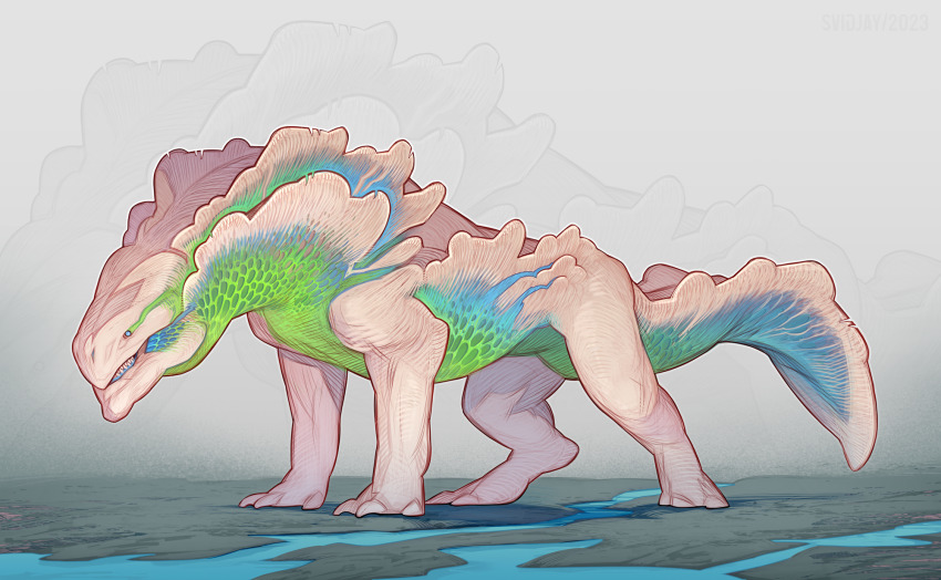 1other blue_eyes blue_scales commentary creature english_commentary fantasy fog gradient_scales green_scales highres monster mushroom original sharp_teeth svidjay teeth water