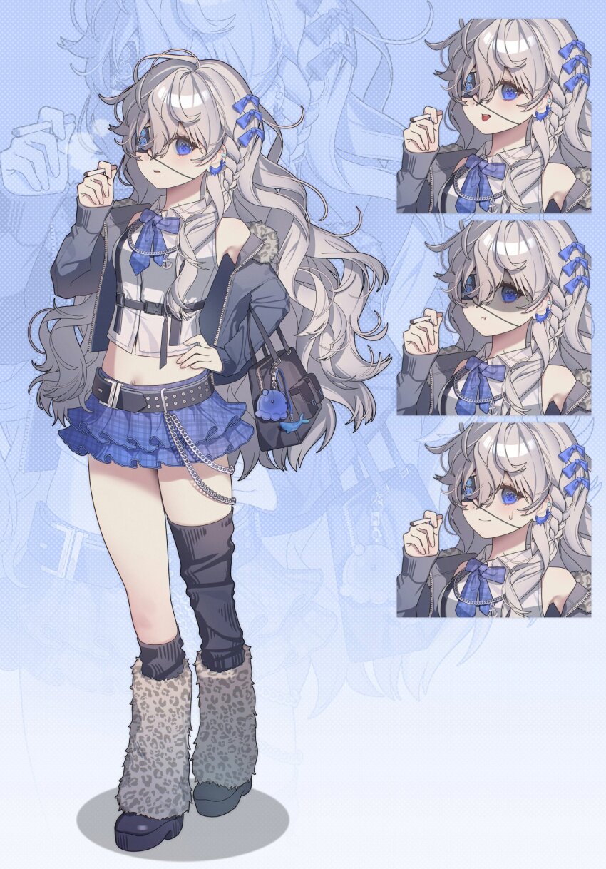 0_o_s_k 1girl asymmetrical_legwear bag bare_shoulders black_boots black_jacket black_socks black_thighhighs blue_bow blue_eyes boots bow closed_mouth collared_shirt commentary commission full_body grey_hair hair_between_eyes hair_bow hand_on_own_hip hand_up highres jacket long_hair long_sleeves midriff miniskirt multiple_expressions navel open_clothes open_jacket open_mouth original parted_lips shirt single_sock single_thighhigh skirt sleeveless sleeveless_shirt smile socks standing sweatdrop symbol-only_commentary thighhighs uneven_legwear wavy_hair white_shirt