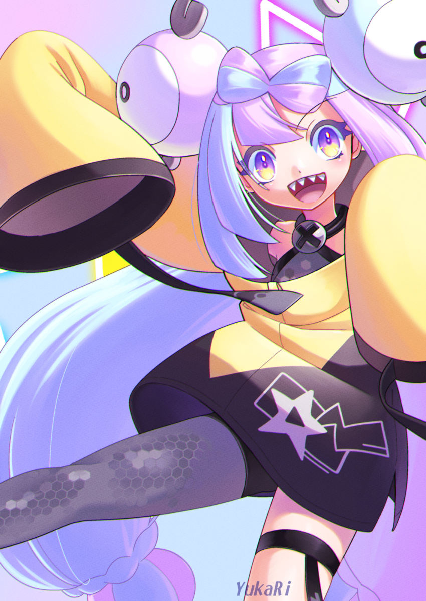 1girl bow-shaped_hair character_hair_ornament grey_pantyhose hair_ornament hexagon_print highres iono_(pokemon) jacket long_hair long_sleeves low-tied_long_hair multicolored_hair nintendo oversized_clothes pantyhose pokemon pokemon_sv sharp_teeth single_leg_pantyhose sleeves_past_fingers sleeves_past_wrists solo split-color_hair symbol_in_eye teeth very_long_sleeves x yellow_jacket yukari_(yukari21653710)