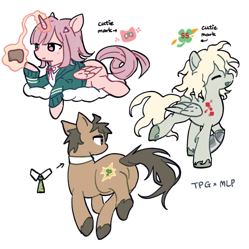 1girl 2boys :d animal animalization brown_hair collared_shirt danganronpa_(series) danganronpa_2:_goodbye_despair detached_collar english_text green_jacket grey_hair happy highres hinata_hajime horse jacket komaeda_nagito long_hair medium_hair multiple_boys my_little_pony nanami_chiaki neck_ribbon open_mouth pink_ribbon ribbon shirt short_hair smile tristia_(renixxxxv) white_shirt