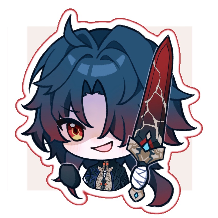 1boy bandaged_hand bandages black_gloves black_hair black_jacket blade_(honkai:_star_rail) border chibi chibi_only chinese_commentary commentary_request evil_smile gloves hair_over_one_eye highres holding holding_sword holding_weapon honkai:_star_rail honkai_(series) jacket long_hair looking_at_viewer male_focus multicolored_hair open_mouth orange_eyes parted_bangs partially_shaded_face ruo_qi simple_background single_glove smile solo streaked_hair sword weapon white_border yellow_background