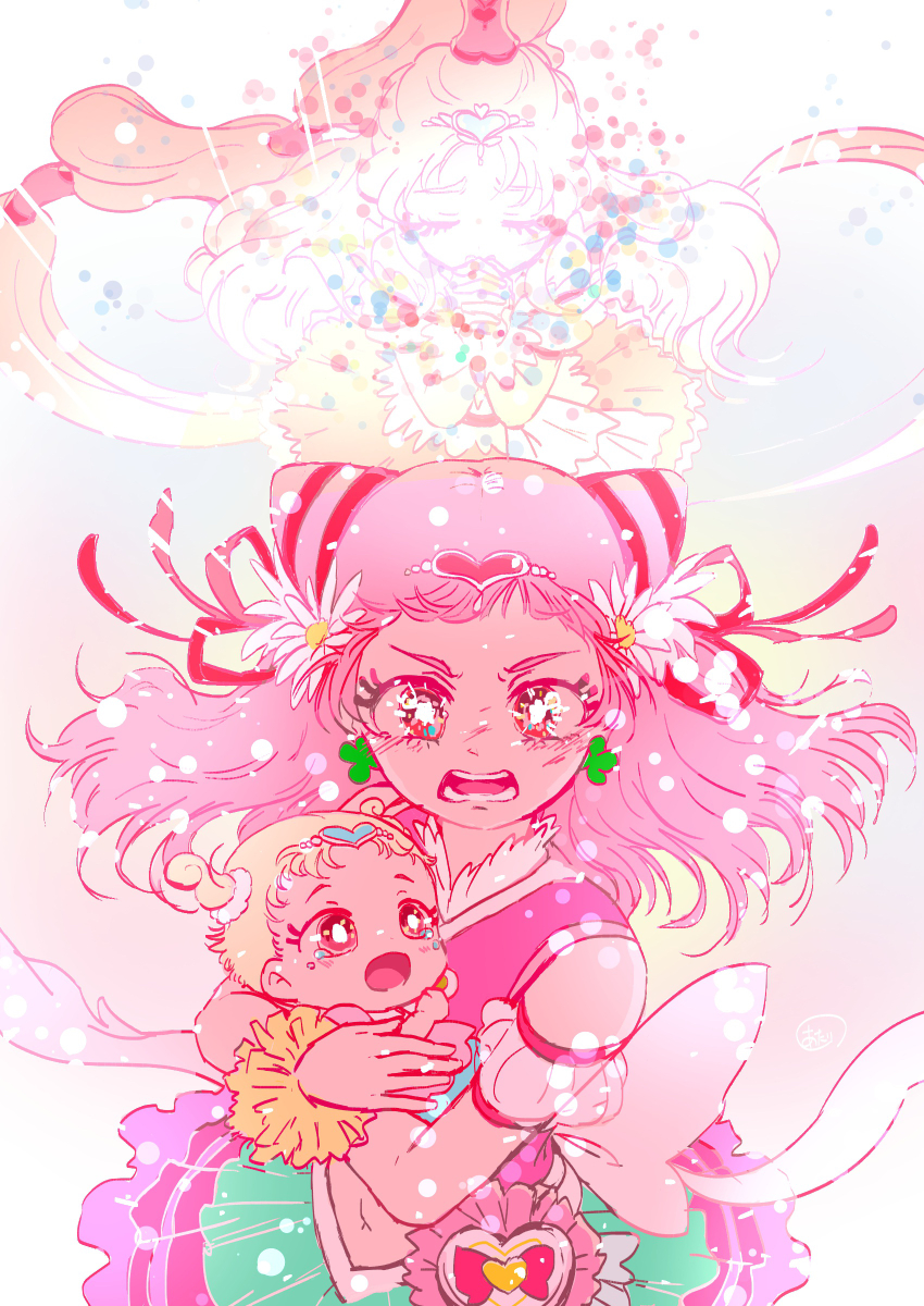 3girls absurdres atari_(atamawaki_waki) baby back_bow bag_bow bare_shoulders beads blonde_hair bow brown_eyes carrying carrying_baby carrying_person circlet clover_earrings cone_hair_bun cowboy_shot cropped_shirt crying crying_with_eyes_open cure_tomorrow cure_yell daisy_(flower) detached_sleeves double_bun dress dual_persona floating_clothes floating_hair flower four-leaf_clover_earrings frilled_dress frilled_shirt frilled_skirt frills frown furrowed_brow green_skirt hair_beads hair_bun hair_flower hair_ornament hair_ribbon hair_tubes heart heart-shaped_bag heart_hair_ornament high_ponytail highres hug-tan_(precure) hugtto!_precure interlocked_fingers large_bow layered_dress light_particles long_hair looking_at_viewer magical_girl makeup mascara midriff multiple_girls navel nono_hana open_mouth own_hands_clasped own_hands_together pink_bow pink_eyes pink_hair pink_shirt pink_skirt ponytail praying precure puffy_short_sleeves puffy_sleeves red_ribbon ribbon see-through_clothes see-through_sleeves shirt short_dress short_sleeves skirt sleeveless sleeveless_shirt standing tareme teardrop tears teeth two-tone_skirt very_long_hair waist_bag white_bag white_bow white_flower white_sleeves wrist_cuffs yellow_arm_warmers yellow_dress yellow_wrist_cuffs