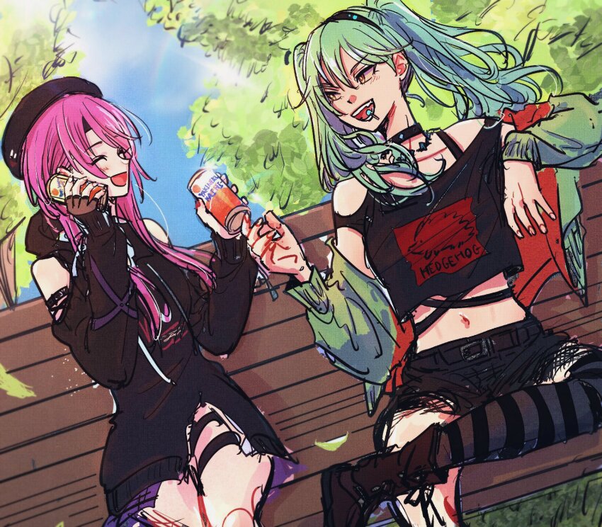 2girls bench beret black_choker black_hat black_shirt black_shorts blush boots brown_footwear can choker collarbone commentary_request crop_top drink_can dutch_angle facing_another food food_in_mouth green_hair hat heaven_burns_red highres holding holding_can hood hood_down hooded_jacket jacket kulfiq kurozawa_maki letterman_jacket long_hair long_sleeves looking_at_another matsuoka_chiroru midriff multiple_girls navel off_shoulder official_alternate_costume on_bench open_mouth outdoors park_bench pink_hair shirt shorts sitting smile thigh_strap twintails v-shaped_eyebrows