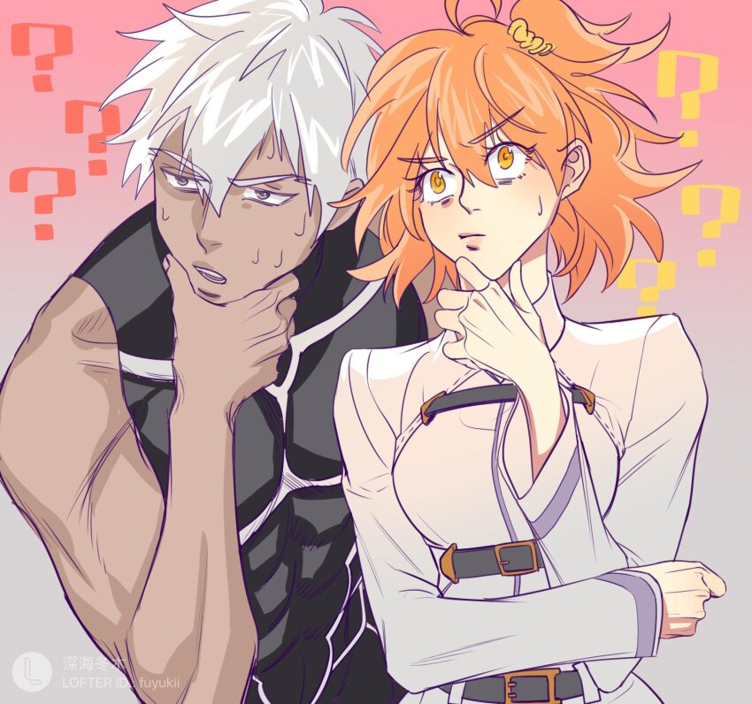 1boy 1girl ? archer_(fate) breasts chaldea_uniform chinese_commentary commentary_request dark-skinned_male dark_skin fate/grand_order fate_(series) fujimaru_ritsuka_(female) grey_eyes grey_hair hand_on_own_chin highres lofter_username medium_breasts one_side_up open_mouth orange_eyes orange_hair shinkaifuyuki shirt sleeveless sleeveless_shirt sweat thinking watermark