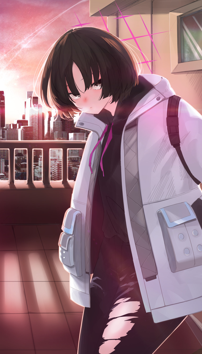 1girl absurdres black_hair black_hoodie black_pants blue_archive brown_eyes city cityscape commentary dis6776 halo highres hood hoodie jacket looking_at_viewer misaki_(blue_archive) on_rooftop orange_sky pants railing red_halo short_hair sky solo sunset torn_clothes torn_pants white_jacket