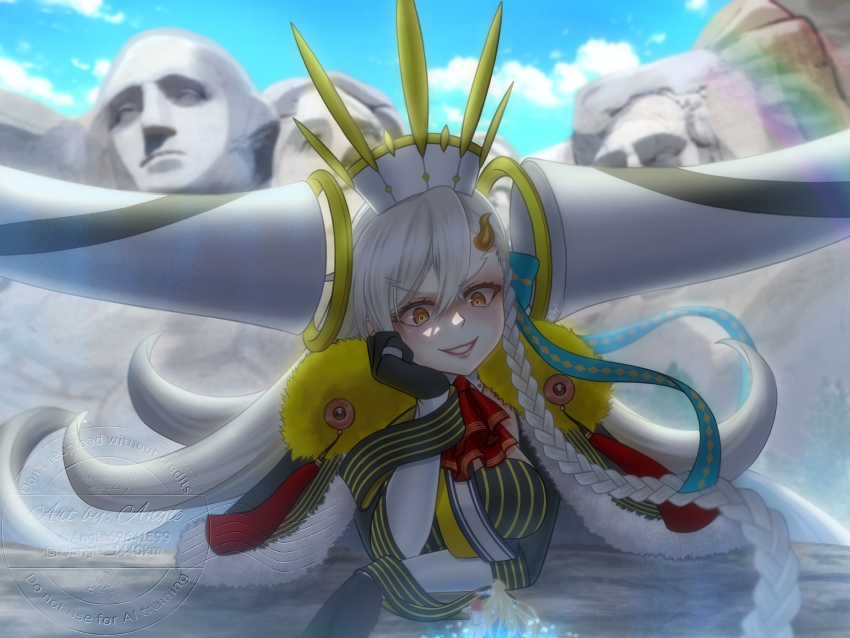 3girls angie03 archetype_earth arcueid_brunestud arcueid_brunestud_(mooncancer) ascot black_bodysuit black_cape black_gloves blonde_hair blue_ribbon blue_sky bodysuit braid cape cloud commentary crossed_bangs day e-grand_marie english_commentary fate/grand_order fate_(series) fujimaru_ritsuka_(female) fujimaru_ritsuka_(female)_(decisive_battle_chaldea_uniform) fur-trimmed_cape fur_trim giant giantess gloves grin hair_between_eyes hair_ribbon hat head_rest highres horns jacket jewelry long_hair looking_at_another mount_rushmore multiple_girls olga_marie_animusphere orange_eyes orange_hair outdoors red_ascot ribbon ring short_hair single_horn size_difference sky smile symbol-shaped_pupils u-olga_marie very_long_hair white_hair white_hat white_jacket yellow_horns