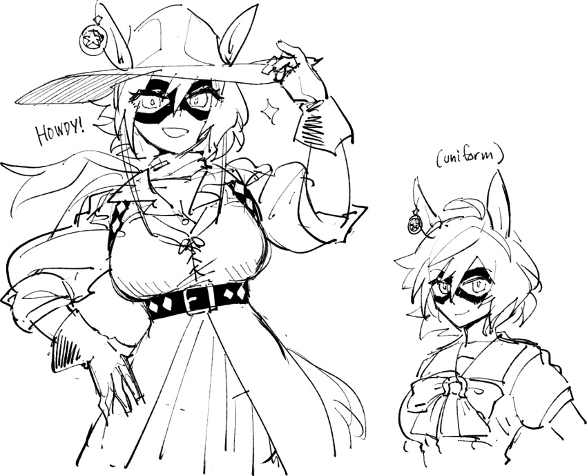 animal_ears bandana bandana_around_neck belt black_belt black_gloves breasts cowboy_hat earrings eye_mask genderswap genderswap_(mtf) gloves hat hi-yo_silver_(the_lone_ranger) jewelry kaibootsu large_breasts long_sleeves original sheriff_badge skirt the_lone_ranger umamusume