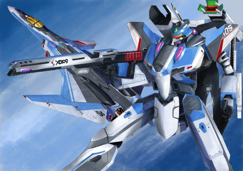 10s canards cloud commentary dual_persona energy_cannon flying gunpod i.t.o_daynamics macross macross_delta mecha realistic robot roundel science_fiction shoulder_cannon variable_fighter vf-31