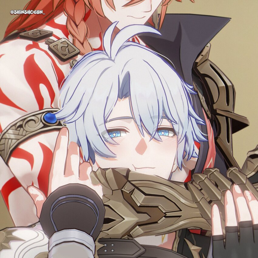 2boys 3d :t antenna_hair arm_around_neck armlet artist_name biceps black_gloves blue_eyes blush body_markings braid bright_pupils brown_background cheek_squash closed_mouth commentary curtained_hair english_commentary fingerless_gloves gauntlets gloves gold_armlet hands_on_another&#039;s_arm head_on_chest head_out_of_frame highres honkai:_star_rail honkai_(series) jewelry large_pectorals long_hair looking_at_viewer male_focus mikumikudance_(medium) model_clipping multiple_boys mydei_(honkai:_star_rail) orange_hair pectorals phainon_(honkai:_star_rail) red_hair shinshogun short_hair side_braid simple_background toned toned_male topless_male twitter_username very_short_hair white_hair white_pupils yaoi