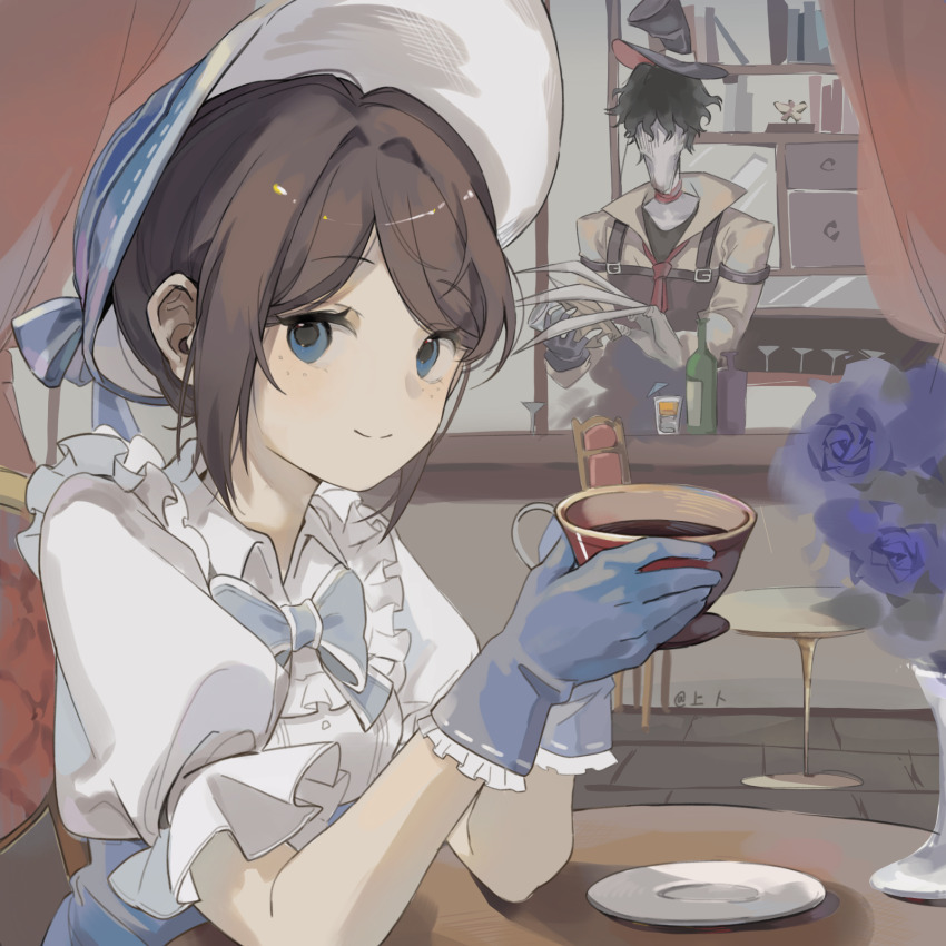 1boy 1girl black_hair black_hat blue_bow blue_bowtie blue_eyes blue_flower blue_gloves blue_rose bonnet bottle bow bowtie brown_hair chinese_commentary claws closed_mouth commentary_request cup emma_woods flower freckles frilled_gloves frilled_sleeves frills gloves hat highres holding holding_cup identity_v indoors jack_(identity_v) puffy_short_sleeves puffy_sleeves ribbon-trimmed_gloves ribbon_trim rose saucer shang_bu shirt short_hair short_sleeves smile teacup white_bonnet white_shirt