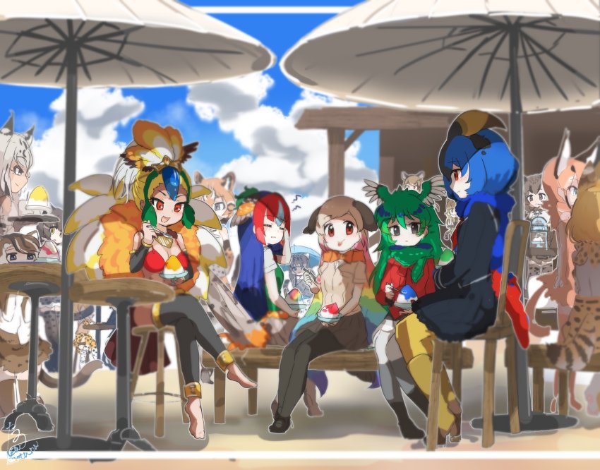 10s 6+girls animal_ears animal_print asian_golden_cat_(kemono_friends) bare_shoulders barefoot bikini bikini_top_only bird_tail bird_wings black_hair black_leopard_(kemono_friends) blonde_hair blue_hair blush bobcat_(kemono_friends) boots bow bowtie brown_hair caracal_(kemono_friends) cat_ears cat_tail closed_eyes closed_mouth clouded_leopard_(kemono_friends) coat commentary_request darwin&#039;s_finch_(kemono_friends) day elbow_gloves flat-headed_cat_(kemono_friends) food frilled_skirt frills gloves greater_bird-of-paradise_(kemono_friends) green_hair green_pheasant_(kemono_friends) head_wings high-waist_skirt highres iriomote_cat_(kemono_friends) jungle_cat_(kemono_friends) kemono_friends leopard_(kemono_friends) leopard_ears leopard_print leopard_tail light_brown_hair long_hair long_sleeves marbled_cat_(kemono_friends) multicolored_hair multiple_girls open_mouth orange_hair outdoors pantyhose parasol pink_hair pleated_skirt red_hair resplendent_quetzal_(kemono_friends) scarf serval_(kemono_friends) serval_tail shaved_ice shoes short_hair short_sleeves sitting skirt sleeveless snow_leopard_(kemono_friends) southern_cassowary_(kemono_friends) standing swimsuit table tail tatsuno_newo thighhighs umbrella white_hair wings