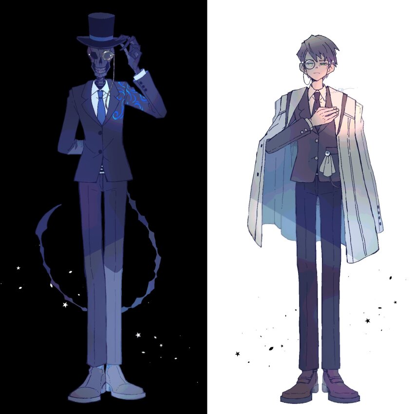 2boys black_pants blue_necktie bone_tail brown_footwear coat coat_on_shoulders collared_shirt commentary full_body green_eyes grey_hair grey_jacket grey_necktie half-closed_eyes hand_up highres hokma_(project_moon) jacket library_of_ruina looking_to_the_side monocle multiple_boys necktie nito pants pluto_(project_moon) project_moon shirt shoes skeleton skull white_coat white_shirt wing_collar