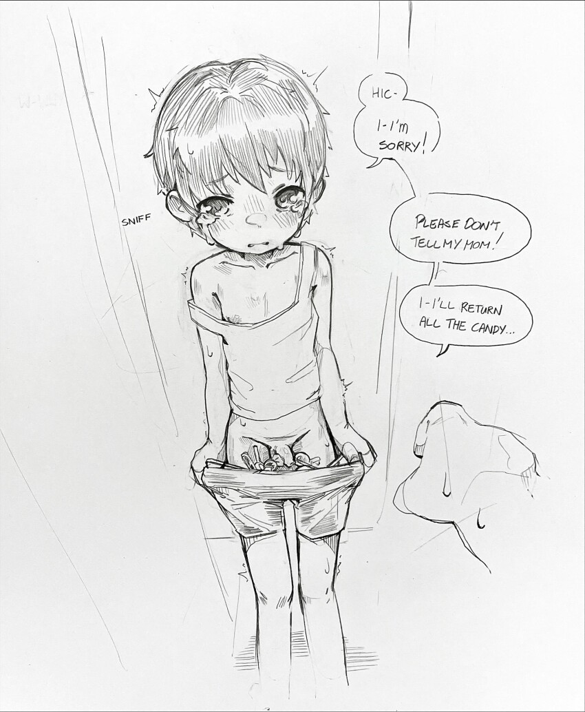 2boys clothes_pull commentary english_commentary english_text graphite_(medium) highres male_focus monochrome multiple_boys original parted_lips penis renocoffee short_hair shorts shorts_pull shota small_penis solo_focus speech_bubble tearing_up traditional_media uncensored very_short_hair